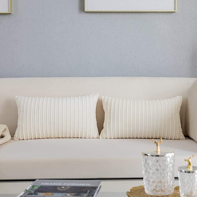 Kevin Textile Set of 2 Oblong Pillow Covers Plush Striped Corduroy Velvet Rectangular Lumbar Throw Pillow Case 12x20 Cushion Cover for Chair, 30 x 50cm, Creamy White