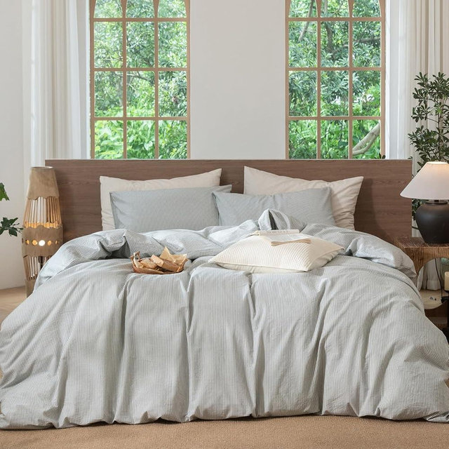 MooMee Striped Duvet Cover Set 100% Washed Cotton Linen Like Textured Breathable Durable Soft Comfy (Heathered Green Pinstripes, Oversized Full 82"x86")