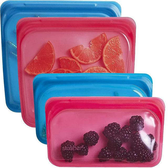 Stasher Silicone Reusable Storage Bag, Bundle 4-Pack Lunch (Raspberry+Blueberry) | Food Meal Prep Storage Container | Lunch, Travel, Makeup, Gym | Freezer, Oven, Microwave, Dishwasher Safe, Leakproof