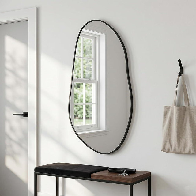 Pocetry Irregular Wall Mirror 32" x 16.5", Asymmetrical Black Bathroom Vanity Mirror with Matte Aluminum Frame and Tempered Glass, Organic Shape Decor for Entryway and Bedroom