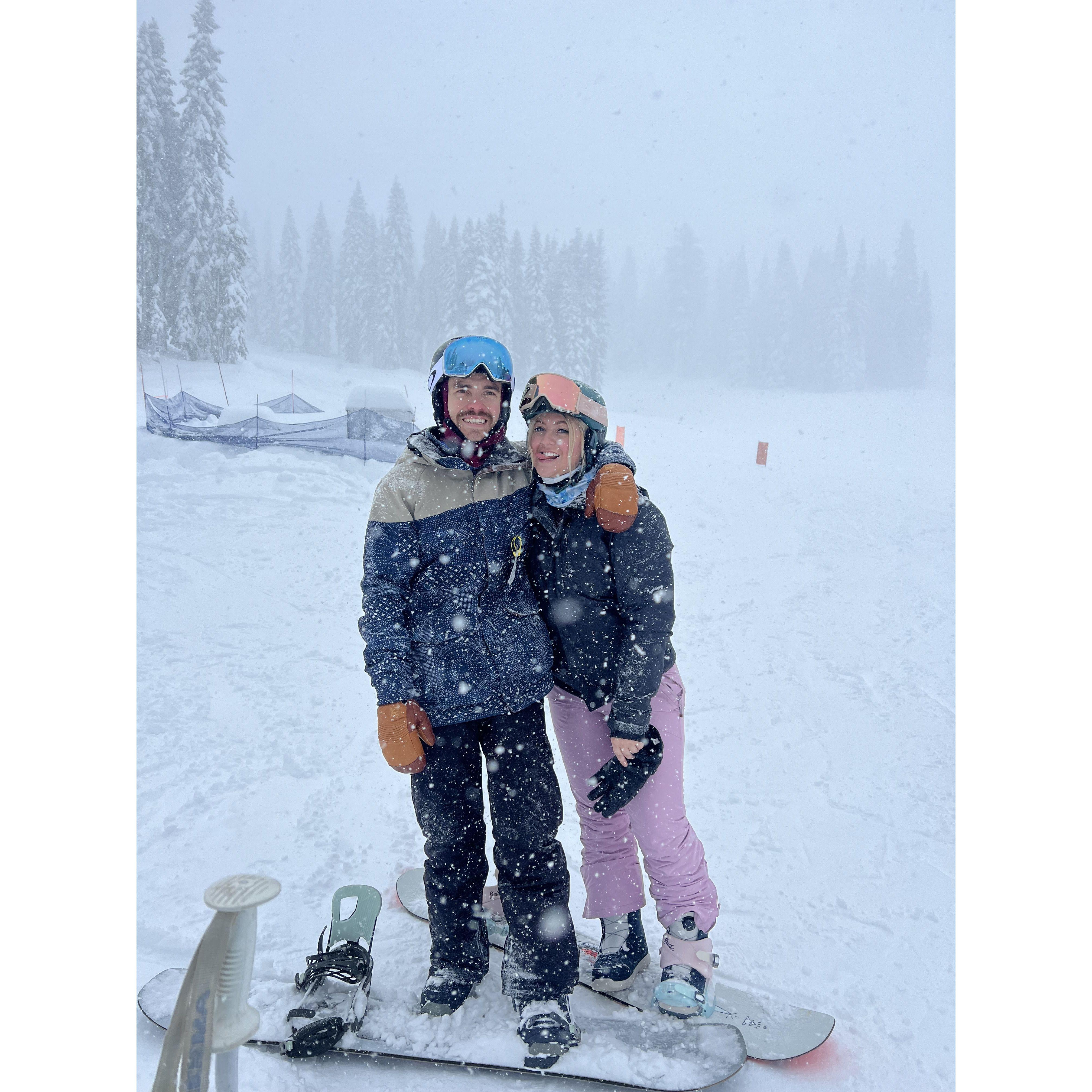 One of our favorite activities together: snowboarding! Pictured: Dodge Ridge 2022.