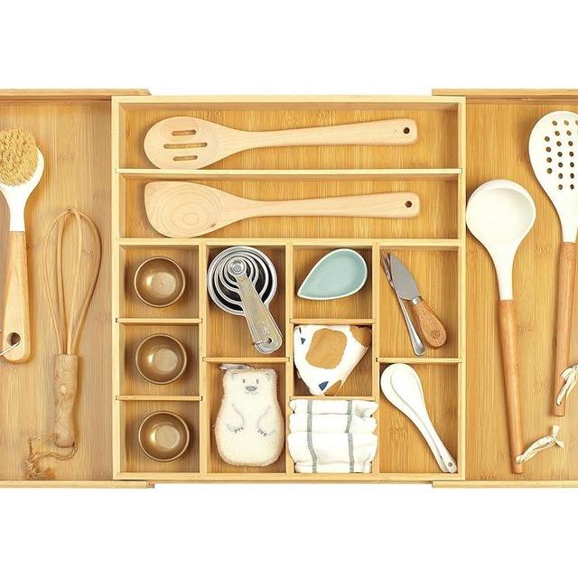 StorageWorks Expandable Utensil Drawer Organizer, Expandable from 15.75"-28" Wide, Kitchen Drawer Organizer for Silverware, Cutlery, Stationery, Tools, Adjustable 14 Compartments, Natural Wood Color