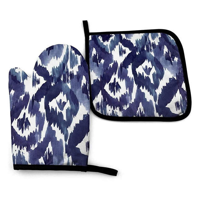 Ikat Diamonds Indigo Blue Durable Heat-Resistant Gloves and Potholder Set Practical Gloves, Oven Gloves Oven Mitts Insulation Gloves,Lightweight and Beautiful.