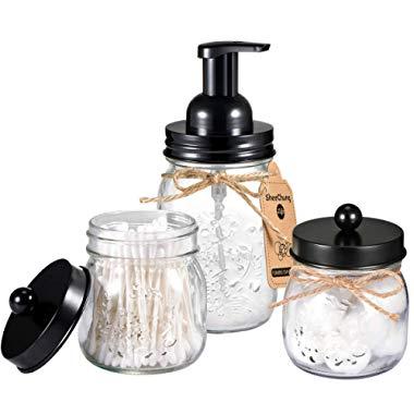 Mason Jar Bathroom Accessories Set - Mason Jar Foaming Hand Soap Dispenser and Qtip Holder Set - Rustic Farmhouse Decor Apothecary Jars Bathroom Countertop and Vanity Organizer (Black)-Patent Pending
