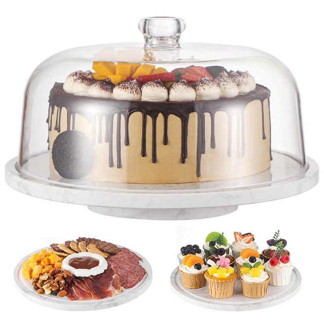 CherHome Marble Cake Stand，Rotating Cake Stand With Dome，Marble Lazy Susan with Acrylic Lid Cover，Turnable Cake Display Stand Revolving Cake Plate Cake Holder Spinning Cake Platter with Cover