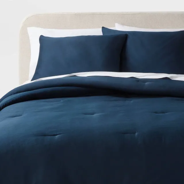 Full/Queen Washed Cotton Sateen Comforter and Sham Set Dark Navy - Threshold™: 250 Thread Count, OEKO-TEX Certified