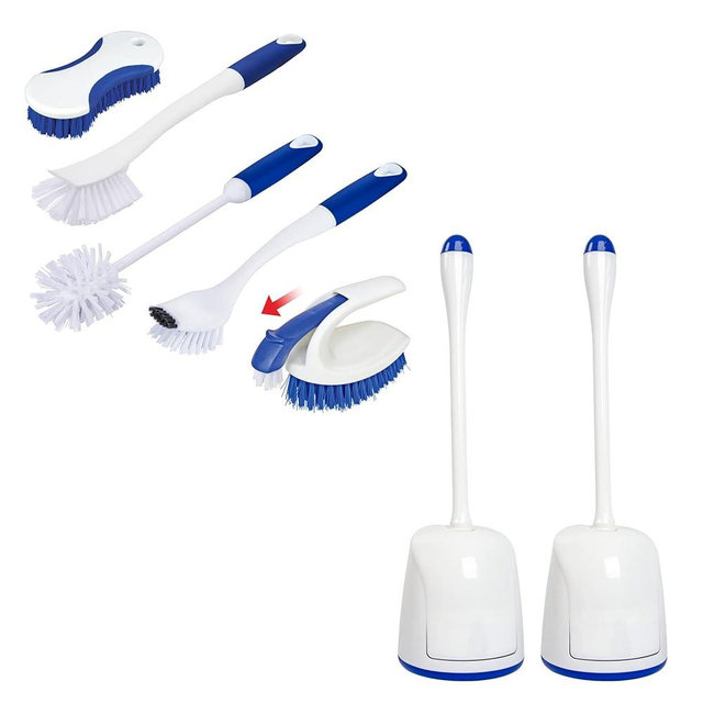 CELOX 5 Pack Kitchen Scrub Brush Set with Ergonomic Handle and 2 Set Compact Toilet Brush with Breathable Ventilation Stand Base