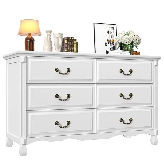 TVU 6 Drawer TV Stand, Solid Wood TV Stands & Chest of Drawers with Wide Storage Cabinet, Vinatge Wood Chest of Drawers with Wide Storage Cabinet(White)