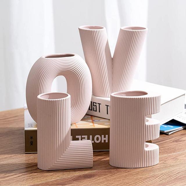 KingZiYu Love Sign Set of 4 Ceramic Small Flower Vases,Valentines Day Decorations for The Home ,Trendy Home Décor;Centerpiece for a Bridal Shower;Entryway, Mantel, Shelf Décor-Pink