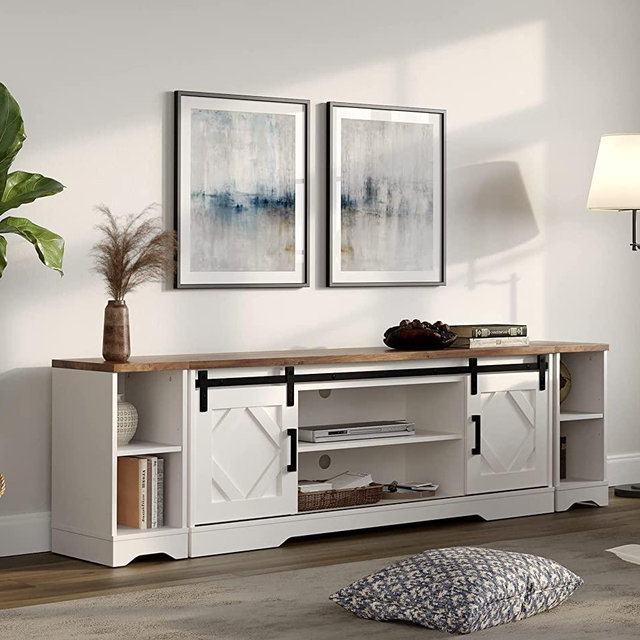 WAMPAT Modern Farmhouse TV Stand for up to 85" TVs Wood Entertainment Center with Open Storage for Living Room, Rustic White