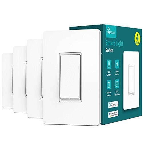 Treatlife Smart Light Switch, Neutral Wire Needed, 2.4Ghz Wi-Fi Light Switch, Works with Alexa and Google Assistant, Schedule, Remote Control, Single Pole, ETL Listed (4 PACK)