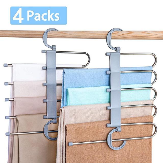 SOSOPIN Space Saving Pants Hangers Non-Slip Clothes Organizer 5 Layered Pants Rack for Scarf Jeans Trousers (Grey, 4 Pcs)