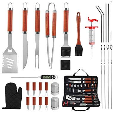 grilljoy 30PCS BBQ Grill Tools Set with Thermometer and Meat Injector. Extra Thick Stainless Steel Spatula, Fork& Tongs - Complete Grilling Accessories in Portable Bag - Perfect Grill Set Gift.