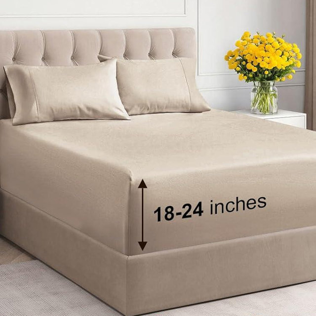 Extra Deep Pocket King Sheets - 4 Piece Breathable & Cooling Bed Sheets - Hotel Luxury Bed Sheet Set - Soft, Wrinkle Free & Comfy - Easily Fits Extra Deep Mattresses - Deep Pocket Wheat Sheets Set