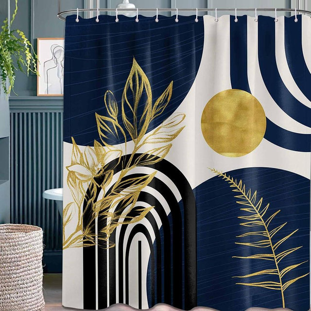 QGHOT Boho Mid Century Modern Shower Curtain Navy Blue Shower Curtains for Mens Bathroom Decor Bohemian Dark Blue and Gold Leaves MCM Bath Curtain Set, Waterproof Fabric with Hooks 72x72 inch