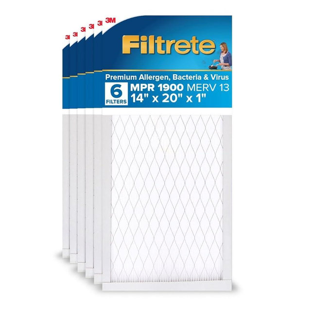 Filtrete 14x20x1 AC Furnace Air Filter, MERV 13, MPR 1900, Premium Allergen, Bacteria & Virus Filter, 3-Month Pleated 1-Inch Electrostatic Air Cleaning Filter, 6-Pack (Actual Size 13.81x19.81x0.78 in)