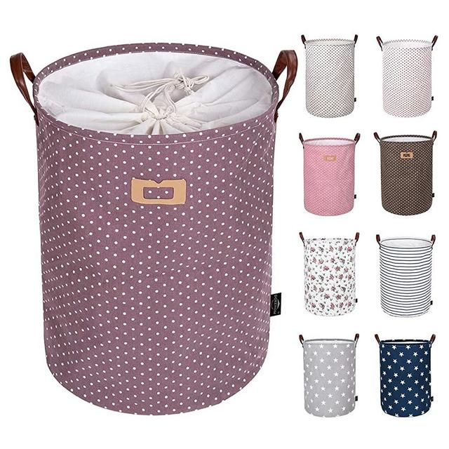 DOKEHOM 22-Inches Thickened X-Large Laundry Basket -(9 Colors)- with Durable Leather Handle, Drawstring Waterproof Round Cotton Linen Collapsible Storage Basket (Purple, XL)