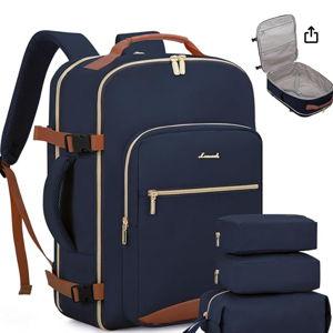 LOVEVOOK Travel Backpack for Women & Men 40L,Airline Approved Carry On Backpack Travel Essentials,TSA Carry on Luggage,Waterproof Personal Item Travel Bag,Suitcase with 3 Packing Cubes,Dark blue-Brown