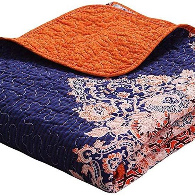 Exclusivo Mezcla Luxury Reversible 100% Cotton Paisley Boho Stripe Quilted Twin Size Bed Blanket 60" x 80" Machine Washable and Dryable