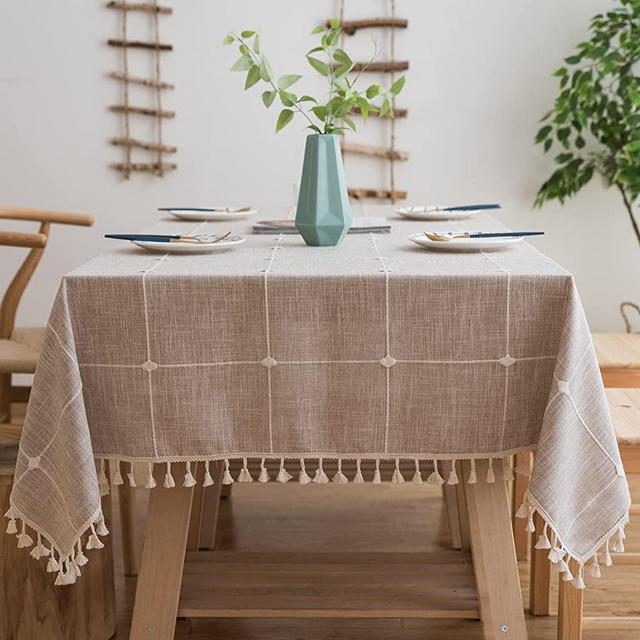 Laolitou Waterproof Tablecloths Embroidery Linen Burlap Rustic Fabric Table Cloth, Coffee Rustic Lattice Tablecloth with Tassel,Small Rectangle Tablecloths for 6 to 8 Seats for Kitchen , 55 x 86