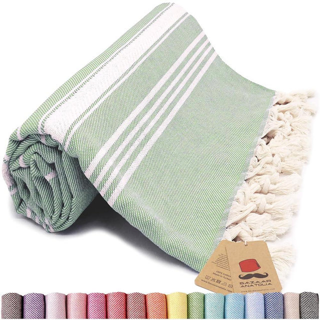 Bazaar Anatolia Turkish Beach Towel 100% Cotton Bath Towels Oversized Quick Dry Farmhouse Decor Sheets Bathroom Towels Sand Free Camping Blanket Sage Olive 71x39 inches - Stripe Green