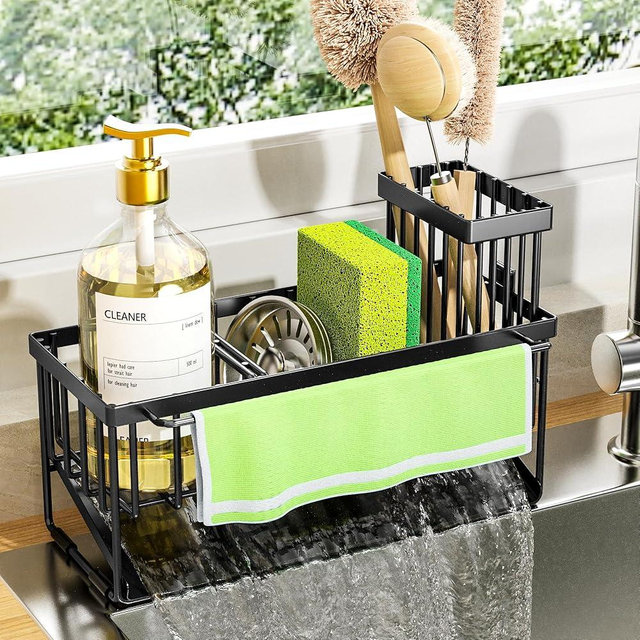 Cisily Kitchen Sink Caddy Organizer with High Brush Holder, Sponge Holder for Sink, 304 Rustproof Stainless Steel, Countertop Soap Dispenser Organizer, Black with Towel Rack, 9.25