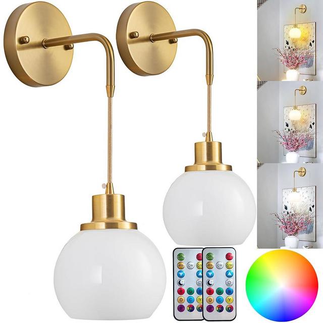 Wall Sconces Set Of Two Battery Operated Sconces With Remote,Rechargeable Wall Sconce Non Hardwired UP To 50 Hours Long Life,Globe Glass Wall Sconce With RGB light Bulb For Bedroom Living Room