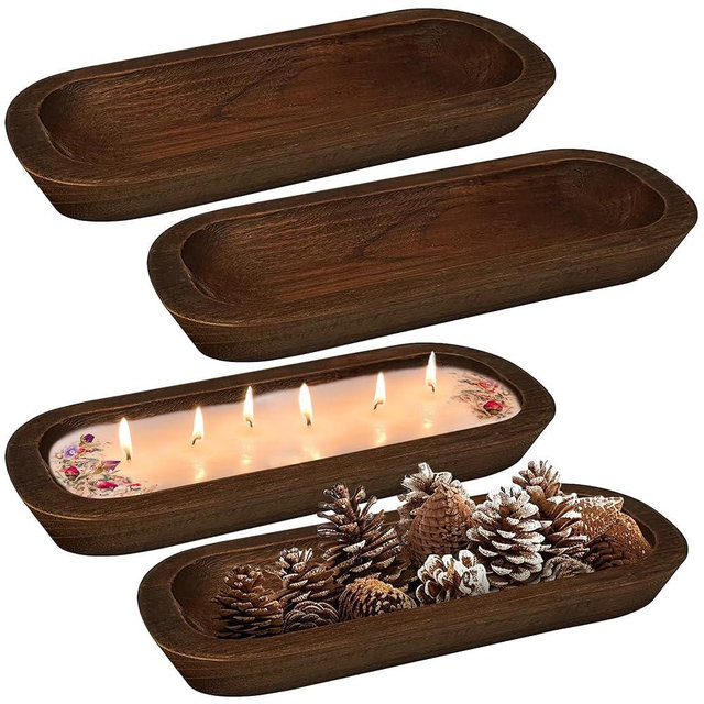 Royxen 4 Pack Dough Bowl for Candle 14.5 x 5.5 Inch, Wooden Dough Bowls Paulownia, Rustic Bowl Vintage, Dough Bowl Decor for Candle, Brown