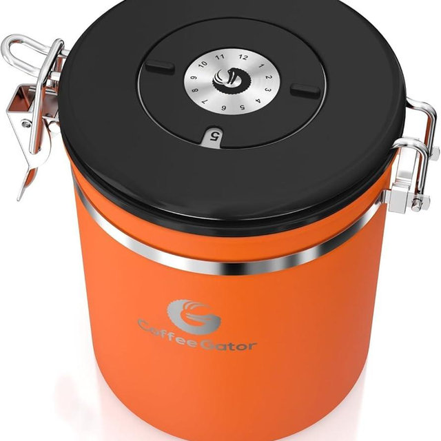 Coffee Gator Stainless Steel Canister - Medium 16oz, Orange Coffee Grounds and Beans Container with Date-Tracker, CO2-Release Valve, and Measuring Scoop - Gifts for Coffee Lovers
