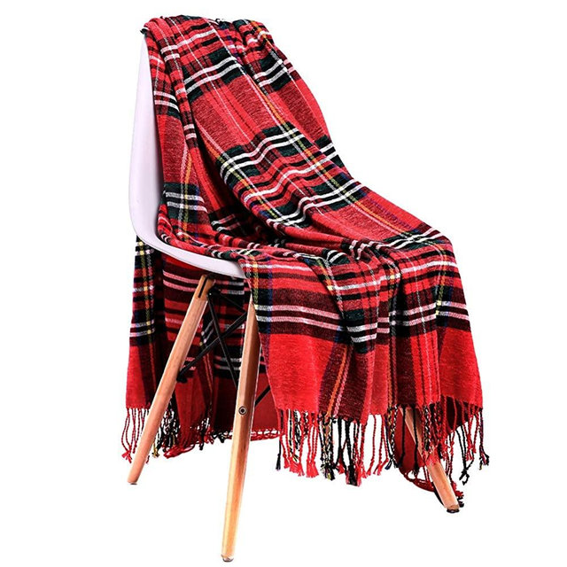 JUDYBRIDAL Plaid Chenille Throw Blanket Extra Soft Blanket All-Season Dual-Sided Home Decor Blankets with 3 Inches Tassels for Bed Sofa Couch Chair 50" W x 67" L Multi-Colored（Red）