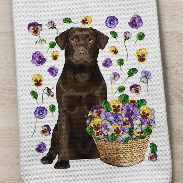 Dog Towel, Chocolate Lab Towel, Labrador Towel, Chocolate Labrador, Kitchen Towel, Pansy Dog Towel, Dog Kitchen Towel, Waffle Weave Towel