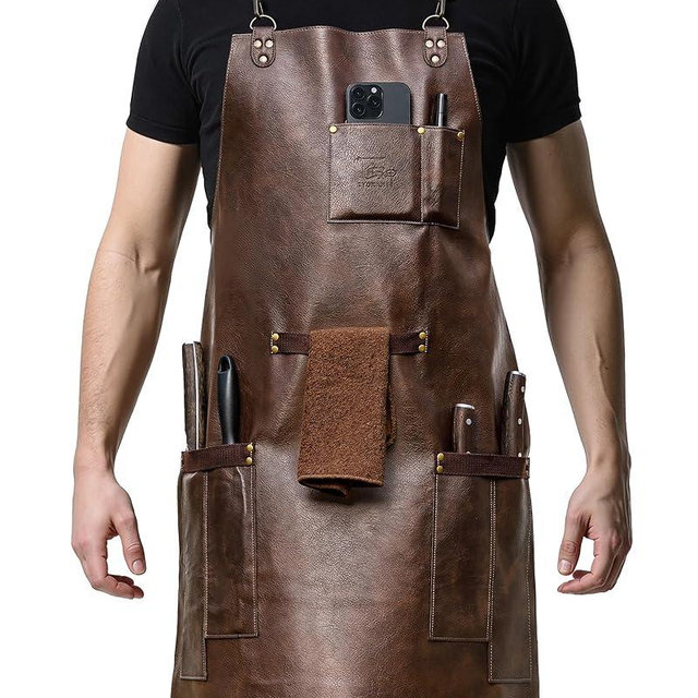 SYOKAMI Leather Chef Cooking Apron for Men, Cross Back Apron for All-Day Comfort, Waterproof Apron with Multiple Pockets, Great for Kitchen, Baking, BBQ, Butcher Work or Crafts, Ideal Gift