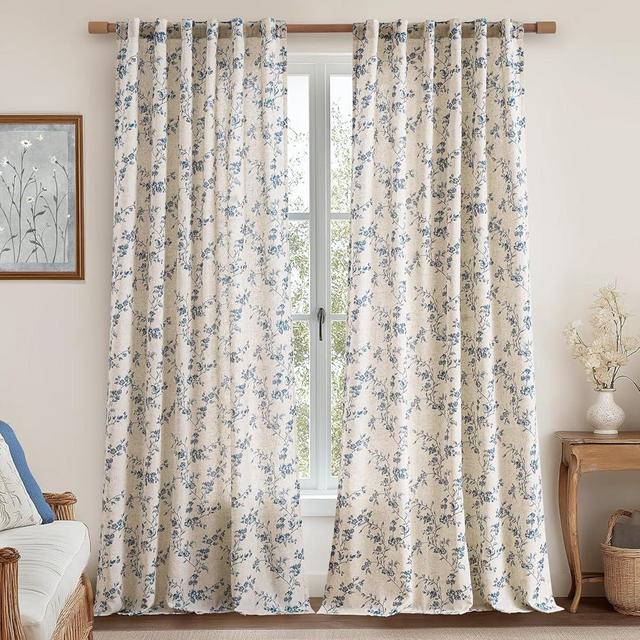 jinchan Linen Floral Curtains for Living Room 96 Inch Length Blue Printed Curtains Back Tab French Country Farmhouse Flower Patterned Drapes Bedroom Window Curtain Set 2 Panels