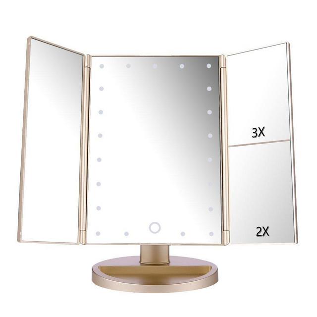 deweisn Tri-Fold Lighted Vanity Mirror with 21 LED Lights, Touch Screen and 3X/2X/1X Magnification Mirror, Two Power Supply Mode Tabletop Makeup Mirror,Travel Mirror