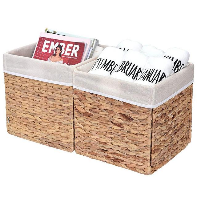 StorageWorks Rectangular Wicker Baskets for Shelves, Water Hyacinth Baskets with Linings, Hand Woven Baskets for Storage, Large, 11.8"x11.8"x11.8", 2-Pack