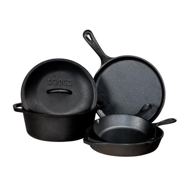 Lodge Pre-seasoned Cast Iron 5 Piece Set including 8" Griddle, 10.25" Skillet, 5 Qt Dutch Oven, and a Cast Iron Cover