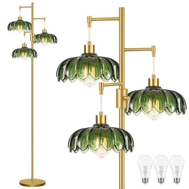 ZECOXOL Dimmable Floor Lamps for Living Room-3 Light Gold Vintage Floor Lamp with Glass Lampshape & Three Bulbs,Modern Mid Century Standing Lamp Green Flower Tall Tree Floor Lamp for Bedroom Corner