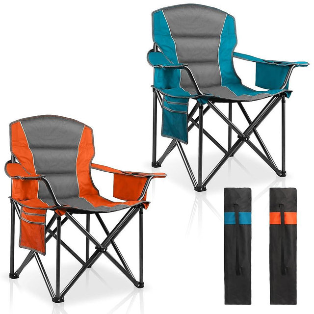 LANMOUNTAIN 2 Pack Padded Oversized Camping Chairs for Adults,Heavy Duty Support 400 Lbs,Folding Portable Lawn Chair w/Cup Holder,Cooler Bag,Side Pocket,Perfect for Outdoor Picnic,Hiking(Orange&Blue)
