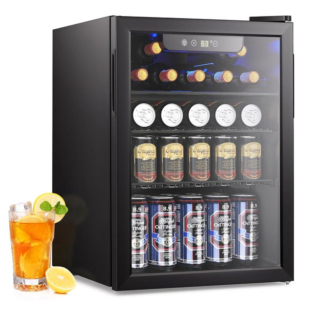 Electactic 2.6 Cu.ft Beverage Refrigerator Cooler, 95 Can Mini Fridge Glass Door with Adjustable Shelves, Digital Temperature Display, Freestanding Small Drink Fridge for Home, Office or Bar(Black)