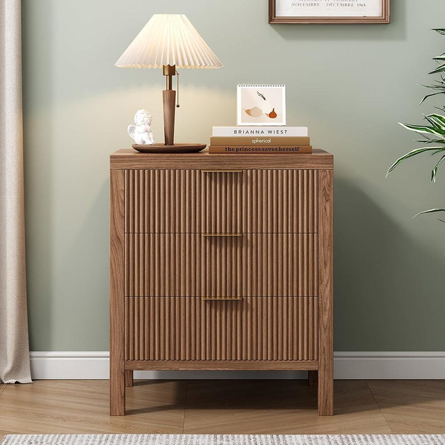 MJADUE End Table with Storage, Wooden Farmhouse Nightstands with 3 Drawers, Bedside Table - Boho Tall Side Table Accent Table for Bedroom, Living Room, Walnut