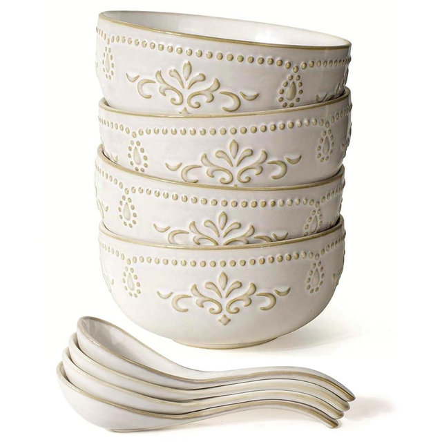 Artena Soup Bowls 32 OZ, Cereal Bowls & Soup Spoons, Pho Bowl And Spoon Set Of 4 Embossed Ceramic For Ramen, Breakfas, Rice, Salad, Dishwasher & Microwave Safe (Damask Floral)