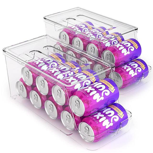Soda Can Dispenser for Refrigerator with Lids, Stackable Drink Organizer for Fridge, Clear Plastic Refrigerator Organizer Bins, Beverage Can Holders for Pantry, Freezer, Kitchen, Cabinets Set of 2