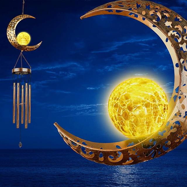 DesGully Wind Chimes,Moon Crackle Glass Ball Solar Wind Chimes with Amazing Deep Tone Outside Garden Decor for Spiritual Gifts, Unique Hanging Decor for Mom Women Grandma(41" Heavy-Duty Metal Chimes)