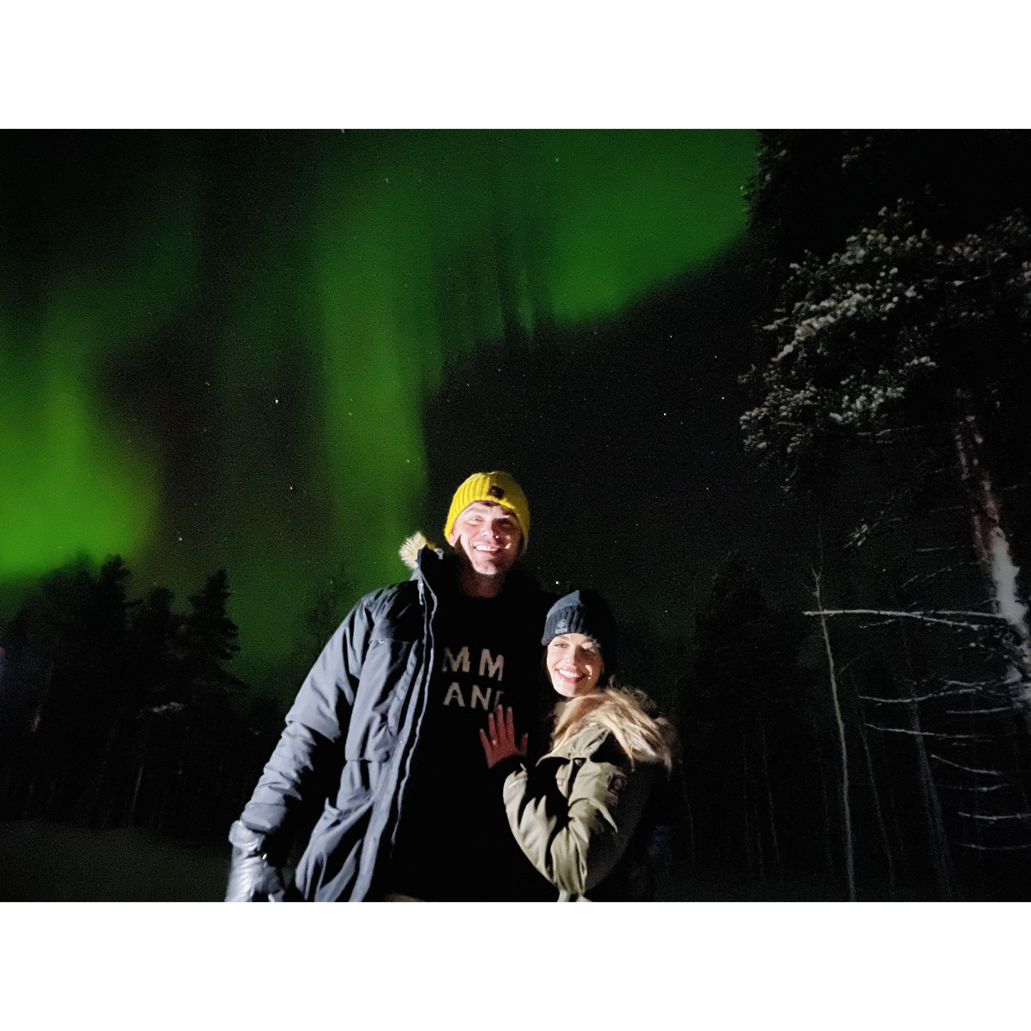 Just minutes after Josh proposed, the aurora alarm in our cabin went off, and we've never moved faster to get into our snow clothes. We bolted outside to THIS view. It was the most incredible night ♡