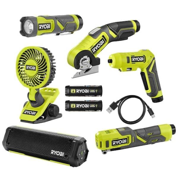 RYOBI USB Lithium-Ion Cordless 6-Tool Combo Kit with (2) 2Ah Batteries and USB Charging Cable FVK106K2SB