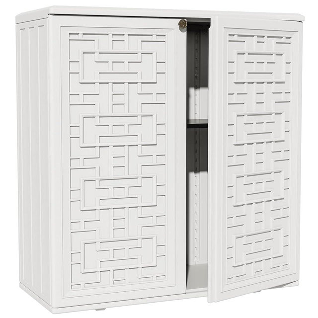 ZZM HDPE Outdoor Storage Shed, Outdoor Plastic Storage Cabinet, Horizontal Resin Tool Shed for Garden, All Weather Outdoor Storage Clearance, DIY Usage, with one Shelf (White)