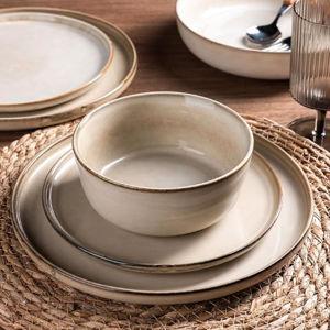 Color: Cappuccino- GBHOME Ceramic Dinnerware Sets for 8, 24 Pieces Stoneware Plates and Bowls Sets, Scratch Resistant Dishes, Dishwasher & Microwave Safe, Reactive Glaze-Cappuccino