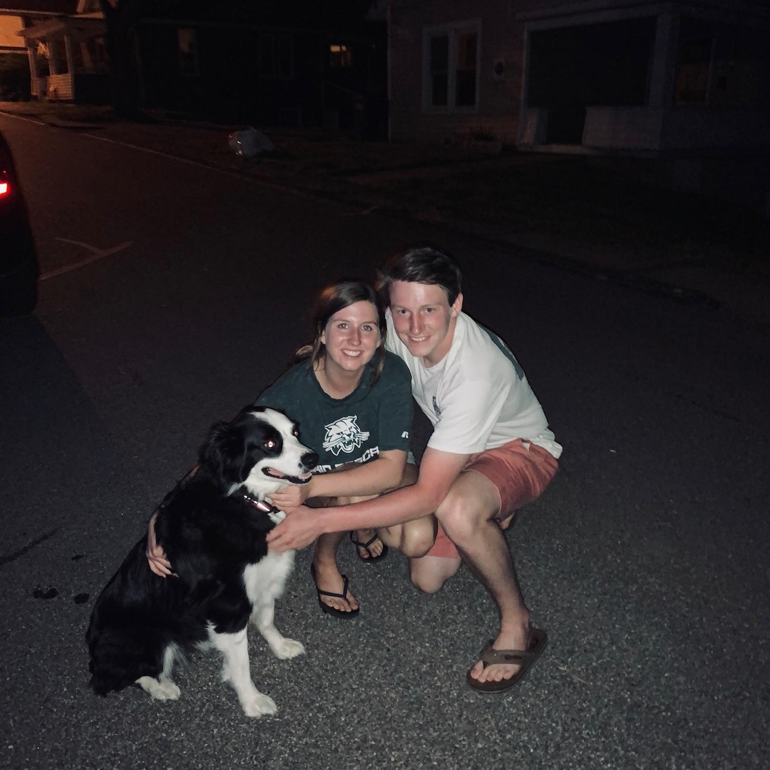 Us with our dog Koda in Athens 🖤 (the best college dog)