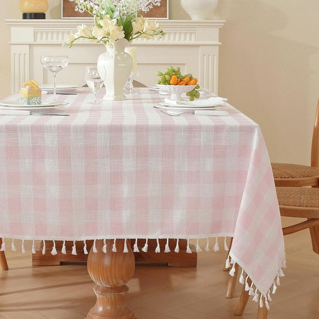 gillhov Gingham Tablecloth Rectangular, Tassels Checkered Table Cloth Washable Cotton Linen Plaid Table Cover for Spring Summer Kitchen Dining Party,Pink and White,55x70