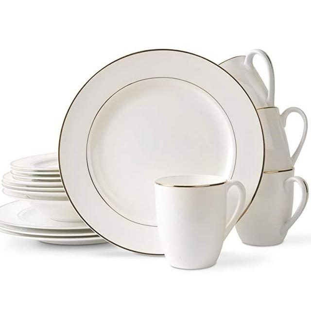 Stone Lain Bone China Round 2+1 mm Golden Line 32 Piece Dinnerware Set, White
